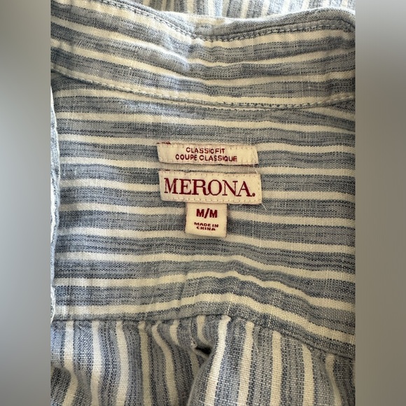 Merona Classic Blue Pinstriped Linen Blend Short Sleeve Button Down Shirt Sz M - Picture 8 of 11